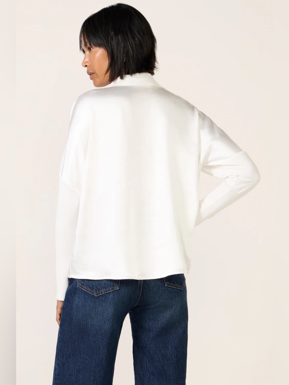 NWT MELISSA NEPTON Tina Mixed Media Top Long Sleeve Collared Blouse White Large - Picture 2 of 11